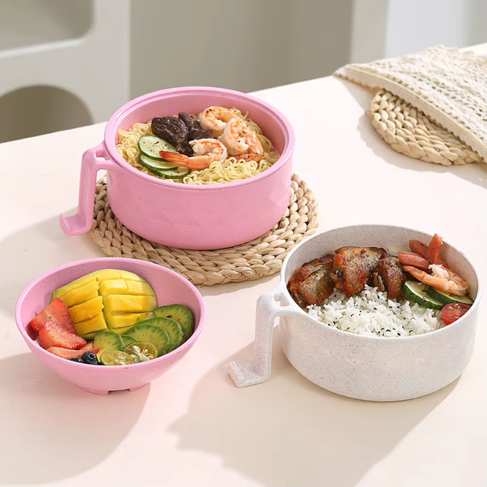 Microwave Ramen Bowl Cooker Set Wheat Straw Instant Noodles Bowl Handles,Ramen Noodle Cooker with Spoon Chopsticks Fork Camping