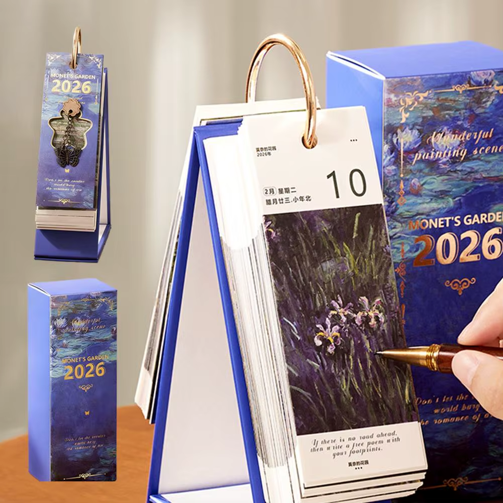 Vintage Oil Painting Desk Calendar with Gold Ring Binding 365 Days Inspirational Quotes One-Way Page Turn Daily Planner