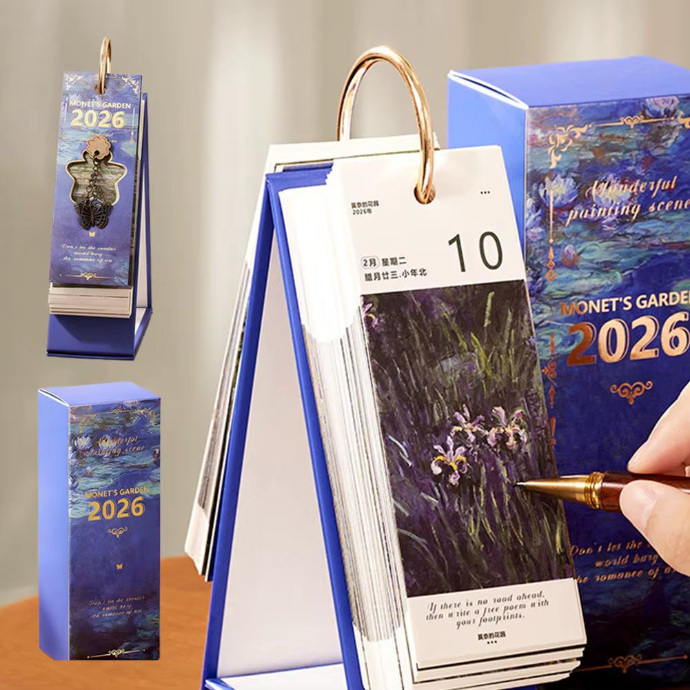 Vintage Oil Painting Desk Calendar with Gold Ring Binding 365 Days Inspirational Quotes One-Way Page Turn Daily Planner