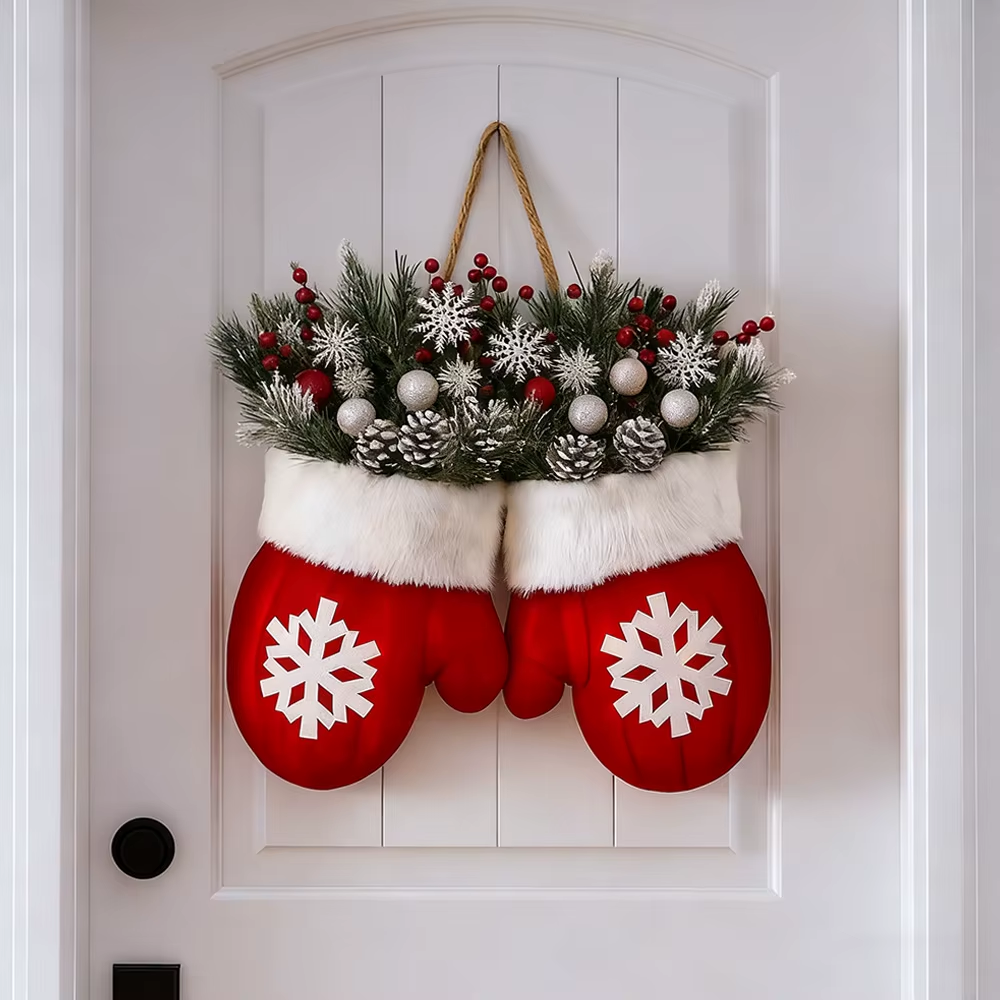 2026 Christmas Glove Garland Creative Simulated Flower Wreath Window Door Gate Home Decor Door Sign Xmas Party Decoration