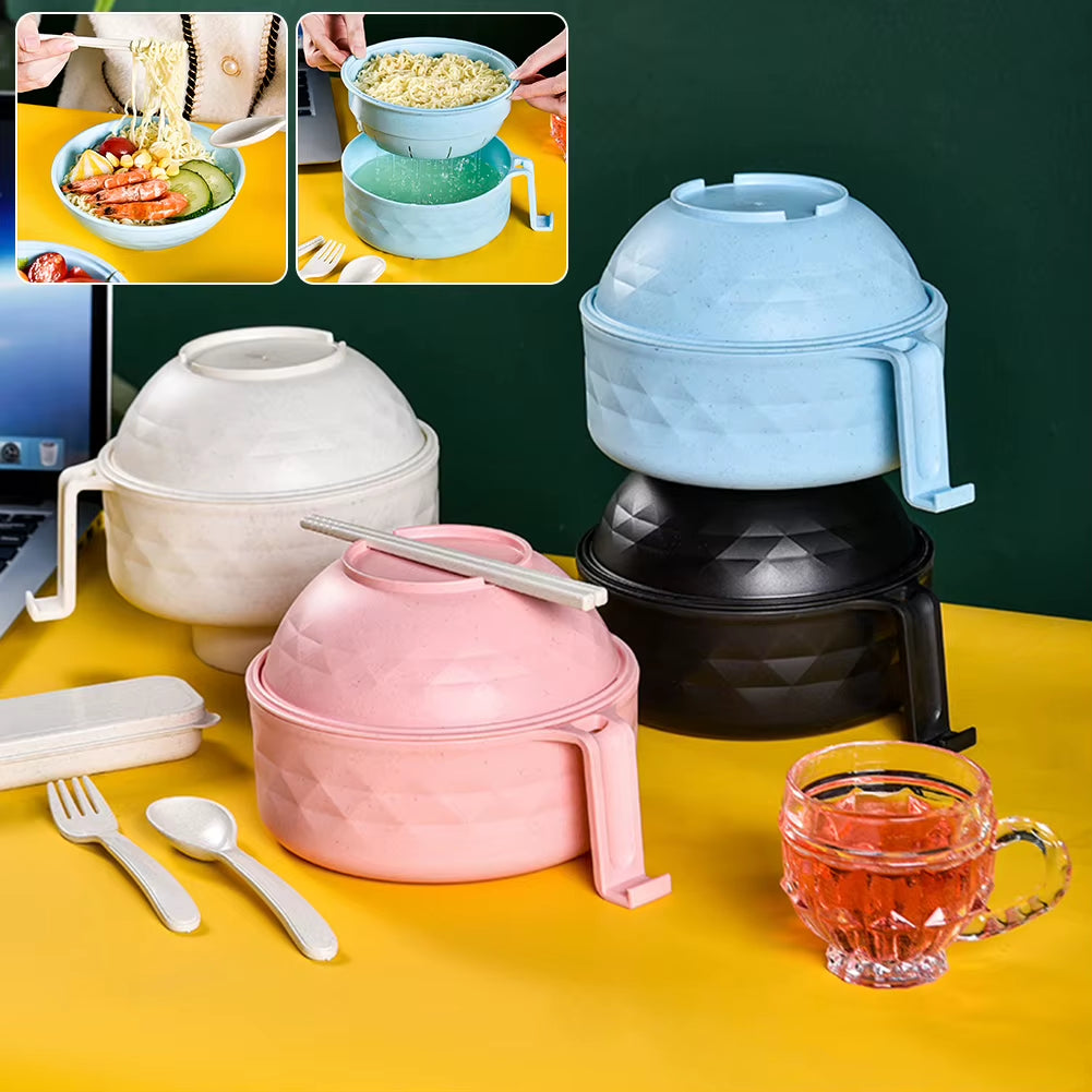 Microwave Ramen Bowl Cooker Set Wheat Straw Instant Noodles Bowl Handles,Ramen Noodle Cooker with Spoon Chopsticks Fork Camping