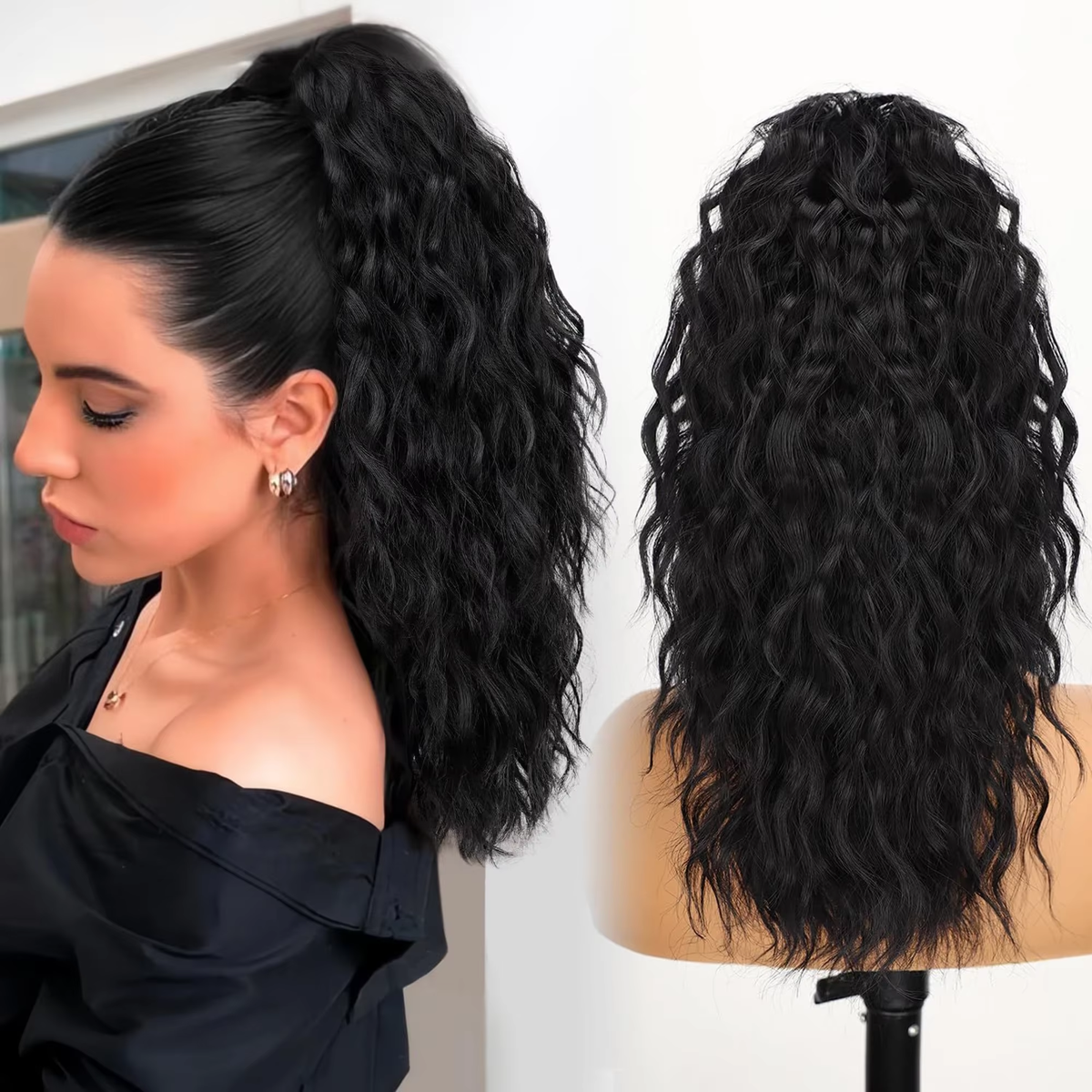 160G Heavy Ombre Black Blonde Curly Ponytail Claw Long Wavy Pony Tail Synthetic Clip in Hair Extensions Fluffy Natural Looking