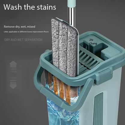 Flat Squeeze Mop Hands Free Wringing Microfiber Pad with Bucket for Hardwood Laminate Floor Window Wet Dry Washable Cleaning Set