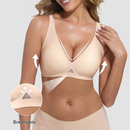 Obind Wireless Jelly Deep-V Bra Everyday Comfort Push-Up Seamless T-Shirt Bra Slimming Design Adjustable Straps Minimalist Soft Butter-Fabric Breathable Mesh Triangle Panel Basic Women’S Underwear