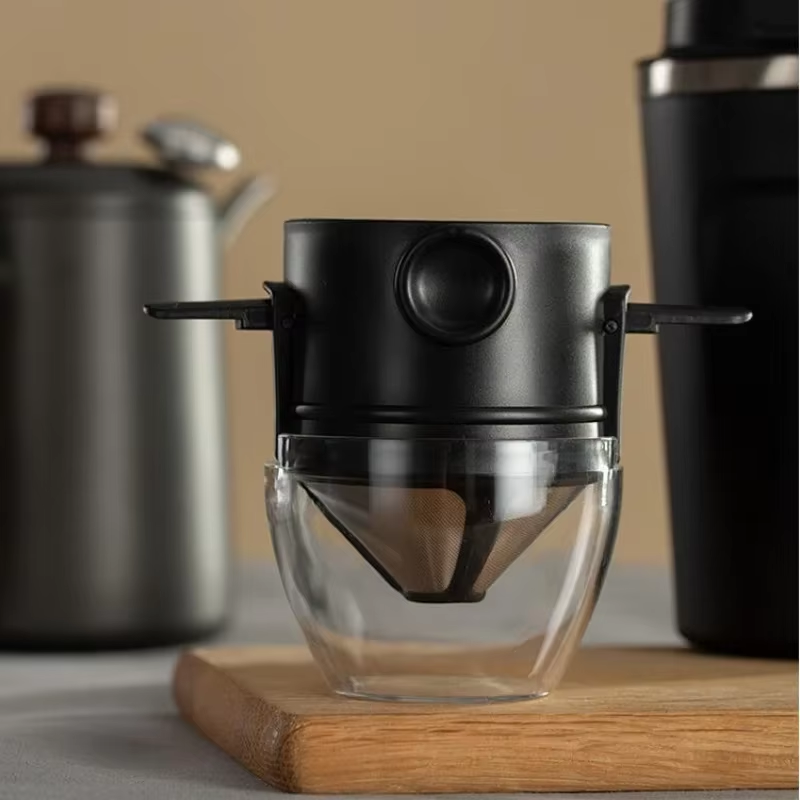 Portable Hand-Brewed Coffee Filter Cup Stainless Steel Folding Ear Filter Drip-Free Coffee Filter Cup with Bottom Tray