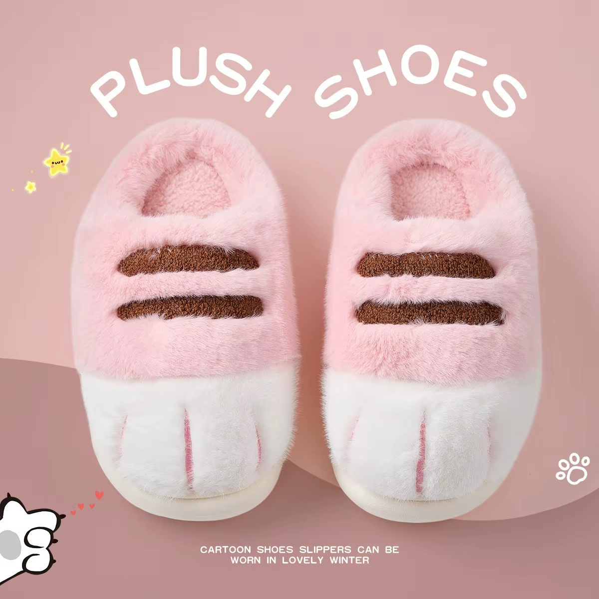 Winter Warm Slipper Women Home Fuzzy Cat Paw Claw Fur Plush Indoor Lazy Female Thermal Furry House Shoe Funny Flat Flip Flop