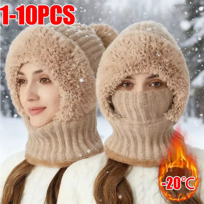 Thermal Fleece Knit Beanie with Ear Covers All-In-One Windproof Hood Neck Warmer Specifically for Bicycle Riders