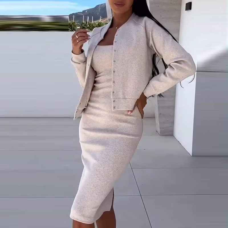 Elegant Solid Bodycon Vestidos Dresses Coat Matching Set Autumn Winter Women Casual Slim 2PC Set Fashion Single Breasted Outfits