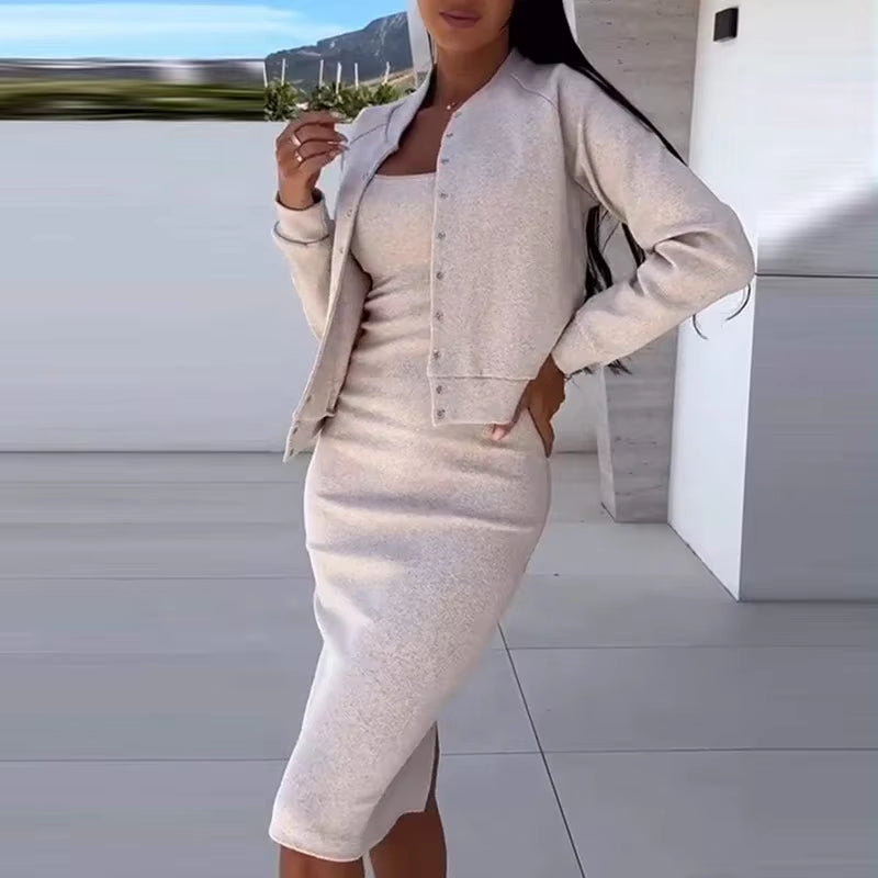 Elegant Solid Bodycon Vestidos Dresses Coat Matching Set Autumn Winter Women Casual Slim 2PC Set Fashion Single Breasted Outfits