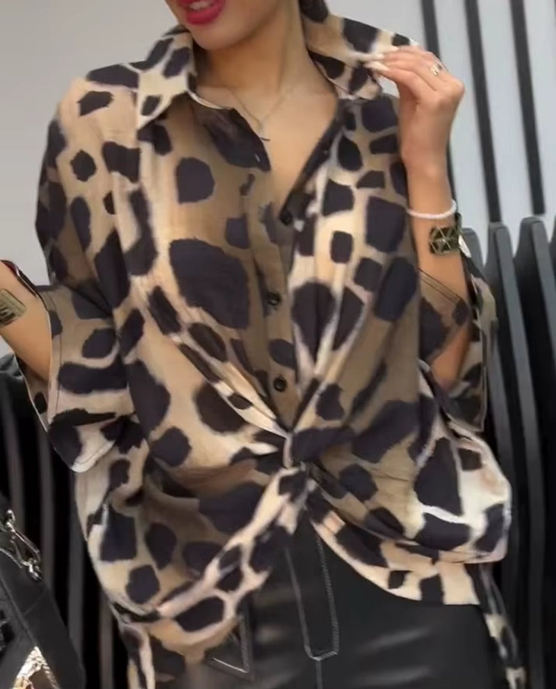 Leopard Print Turn-Down Collar Button Front Sihrt Twisted Oversized Blouse Top 2025 Autumn New Fashion Casual Pullover Tops