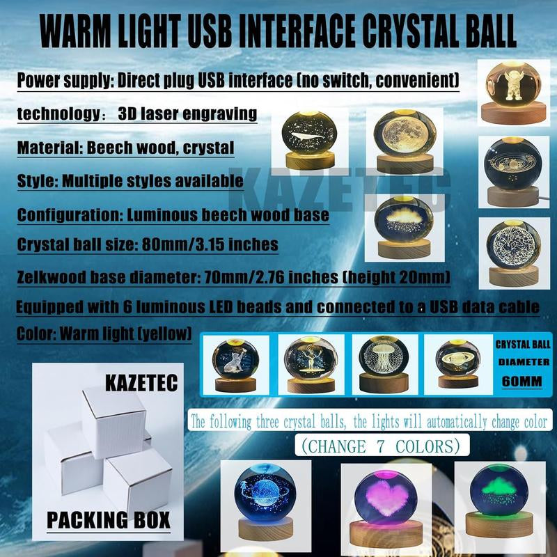 Enchanting 3D Saturn Crystal Ball Night Light with LED Stand - Stunning Planet Figurine Lamp for Bedroom Decor (2.4 In, 60Mm)