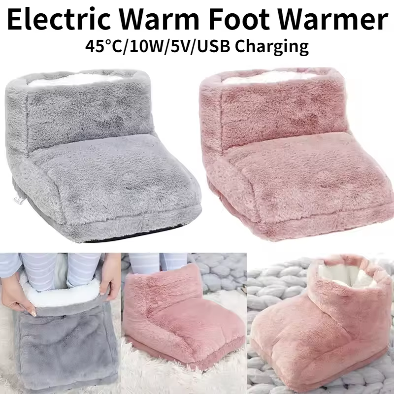 Electric Foot Warmer USB Charging Foot Heating Pad Comfort Fleece Suede Cushion Foot Heater Couple Slippers for Bedroom Sleeping
