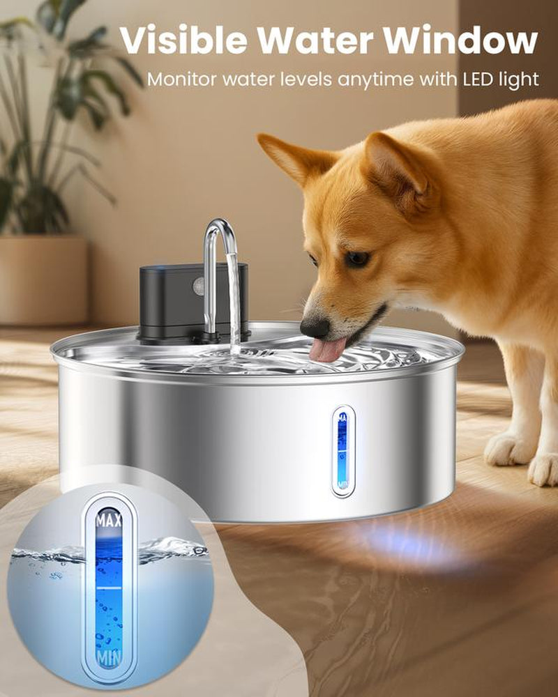 Cityflee 12L Rechargeable Wireless Dog Water Fountain - Super Quiet 304 Stainless Steel Bowl for Large Dogs & Multiple Cats with Visual Water Level