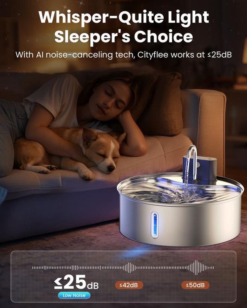 Cityflee 12L Rechargeable Wireless Dog Water Fountain - Super Quiet 304 Stainless Steel Bowl for Large Dogs & Multiple Cats with Visual Water Level