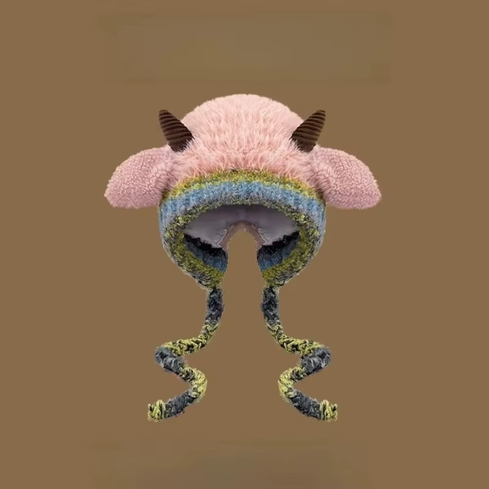Cute Thick Plush Knitted Hat Girls Winter Warm Ear Protection Beanies Hat Women Comfortable Horn Pullover Hats