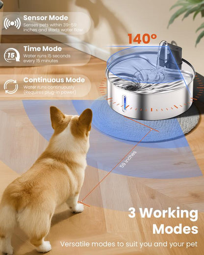 Cityflee 12L Rechargeable Wireless Dog Water Fountain - Super Quiet 304 Stainless Steel Bowl for Large Dogs & Multiple Cats with Visual Water Level