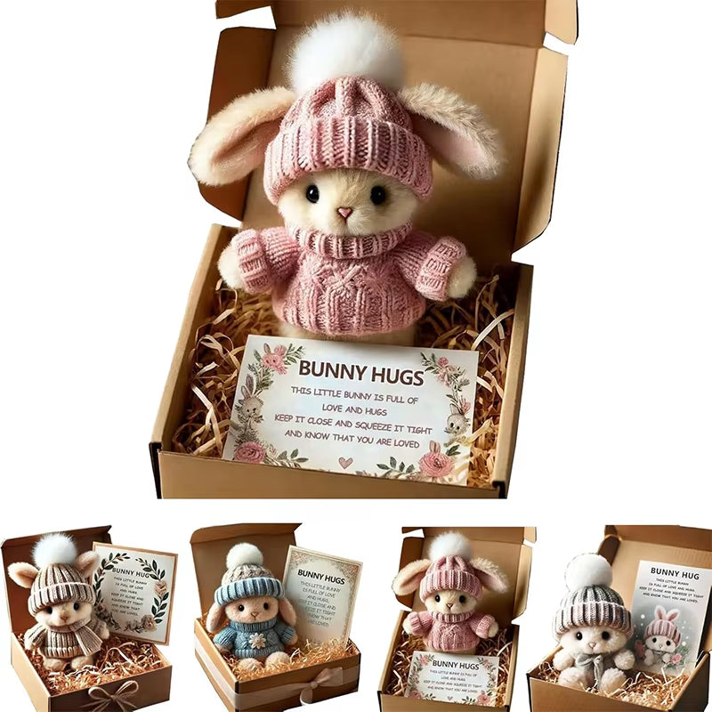 Mini Bunny Hug Cute Easter Gift Plush Bunny with Knitted Hat and Pom Pom Soft Pocket Emotional Support Rabbit with Gift Box Card